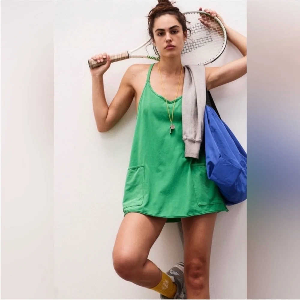 NWOT Free People Hot Shot Mini Dress In Green Sheen - Picture 1 of 2
